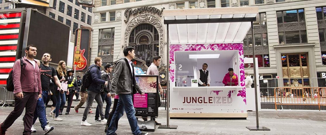 JUNGLE-IZED: A Conversation with Nature April 1, 2016 - April 30, 2016 Soundwalk Collective Photograph by Ka-Man Tse for @TSqArts. Soundwalk Collective and Times Square Arts will present JUNGLE-IZED, a month-long interactive multi-sensory art installation that will transform Times Square, transporting close to a half a million visitors daily to the heart of the Amazon. Presented in collaboration with David de Rothschild, and in partnership with The Times Square Advertising Coalition (TSAC), Times Square Arts, Audio-Technica, and CXA+ART, this immersive installation includes a participatory audio experience and an interactive video to encourage a conversation with nature and to heighten awareness of the environmental impact of climate change.