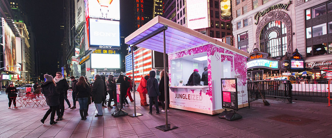 JUNGLE-IZED: A Conversation with NatureApril 1, 2016 - April 30, 2016Soundwalk CollectivePhotograph by Ka-Man Tse for @TSqArts. Midnight Moment is a presentation of the Times Square Advertising Coalition (TSAC) and Times Square Arts. Midnight Moment: A Digital Gallery is the largest coordinated effort in history by the sign operators in Times Square to display synchronized, cutting-edge creative content at the same time every day. JUNGLE-IZED is directed by Stephan Crasneanscki of Soundwalk Collective. Inviting spectators to take part in a simple collective action in celebration of Earth Month, JUNGLE-IZED reveals the hidden energy that exists in one of the most biodiverse environments in the world, bringing the animals, the air, the trees, and the tribal inhabitants of the Amazon to New York City. The video was shot along the 73rd meridian west that connects Times Square with the Amazon.